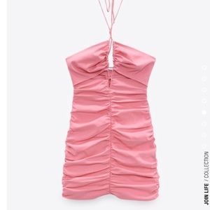 ZARA Bandeau Halter Tie Cut Out Cinched Ruffle Mini Dress Pink Size L NWT